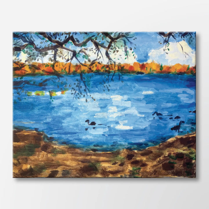 Autumn in Prospect Park painting kit featuring a fall lake scene in Brooklyn, New York – beginner paint at home project with canvas, paints, and video.