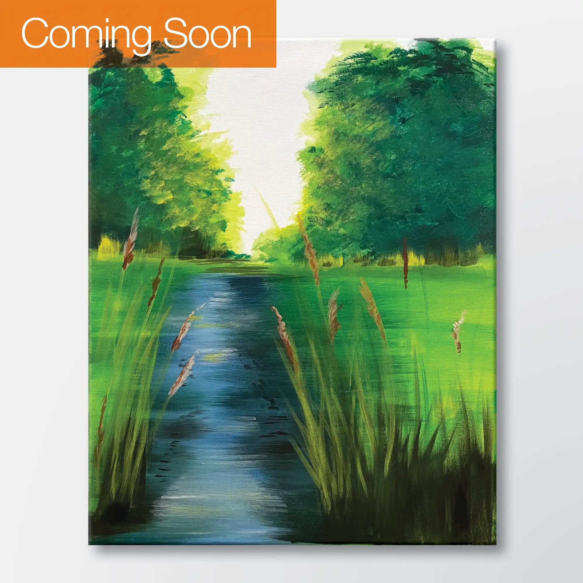 Cattail Creek painting kit featuring a sunlit stream lined with cattails - beginner paint-at-home project with canvas, paints, and video tutorial.