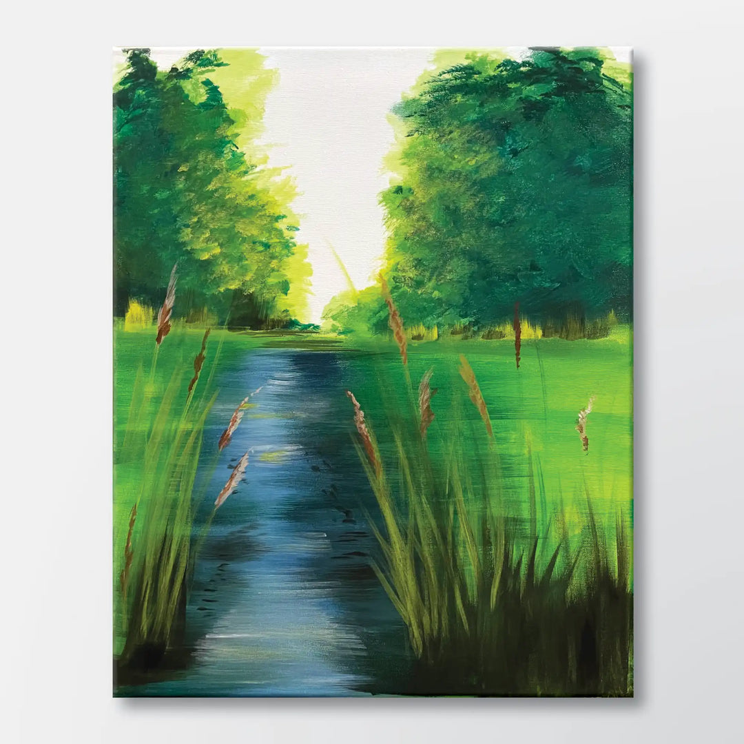 Cattail Creek painting kit featuring a sunlit stream lined with cattails - beginner paint-at-home project with canvas, paints, and video tutorial.