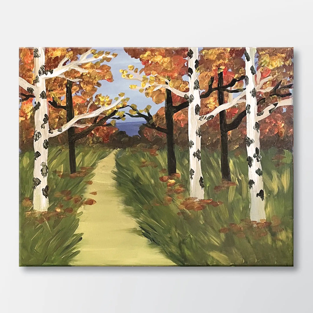 Copper Birches painting kit featuring colorful birch trees along an autumn path - beginner paint-at-home project with canvas, paints, and video tutorial.