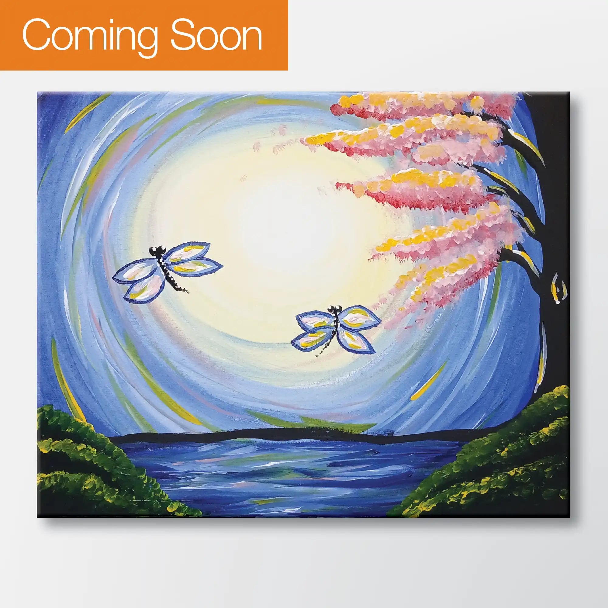 Dragonfly Moon painting kit featuring two dragonflies beneath a full moon - beginner paint-at-home project with canvas, paints, and video tutorial.