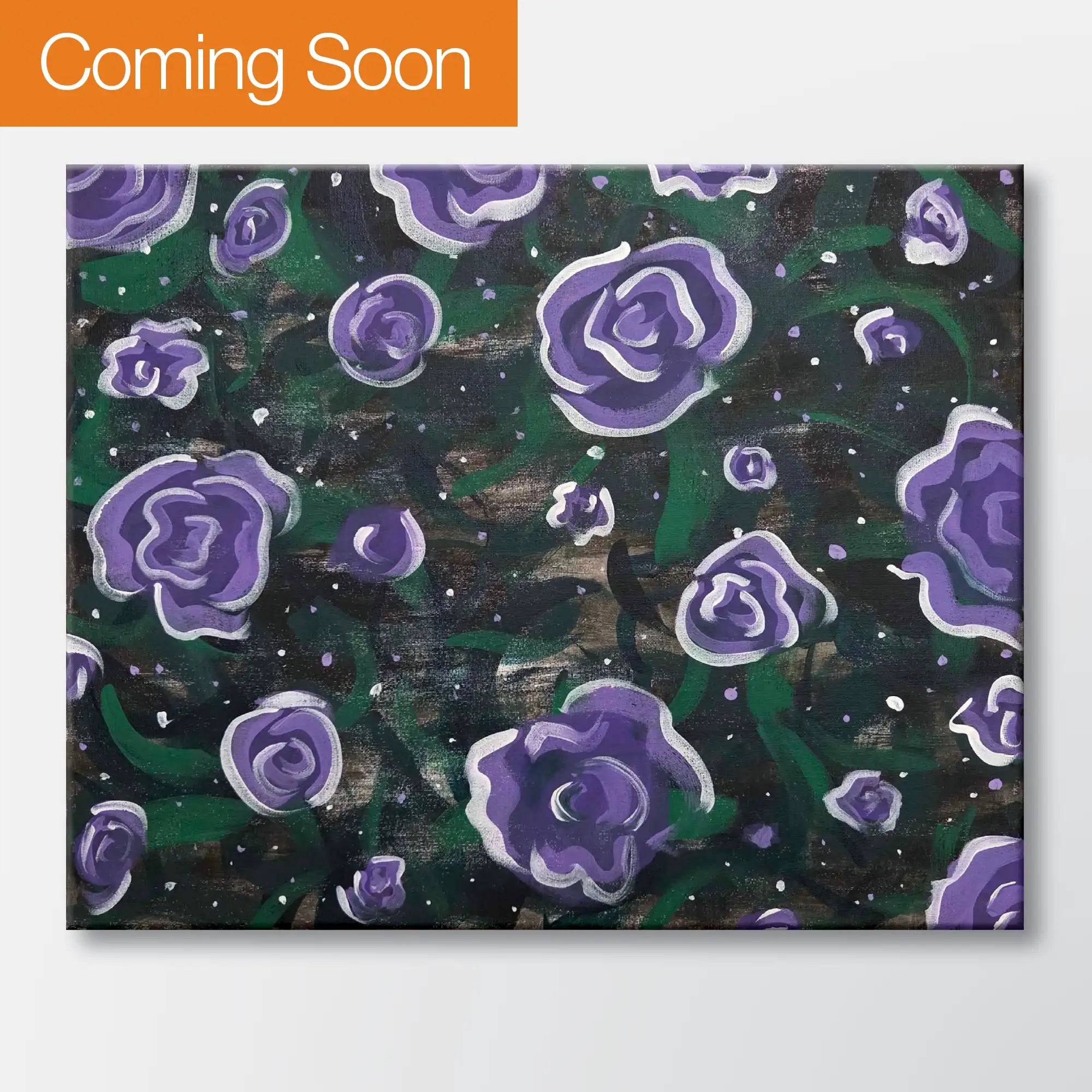 Dreamy Violet Roses painting kit featuring purple roses in a repeating pattern - beginner paint-at-home project with canvas, paints, and video tutorial.