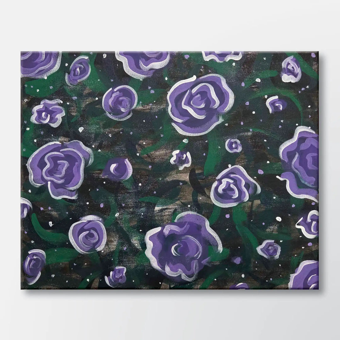 Dreamy Violet Roses painting kit featuring purple roses in a repeating pattern - beginner paint-at-home project with canvas, paints, and video tutorial.