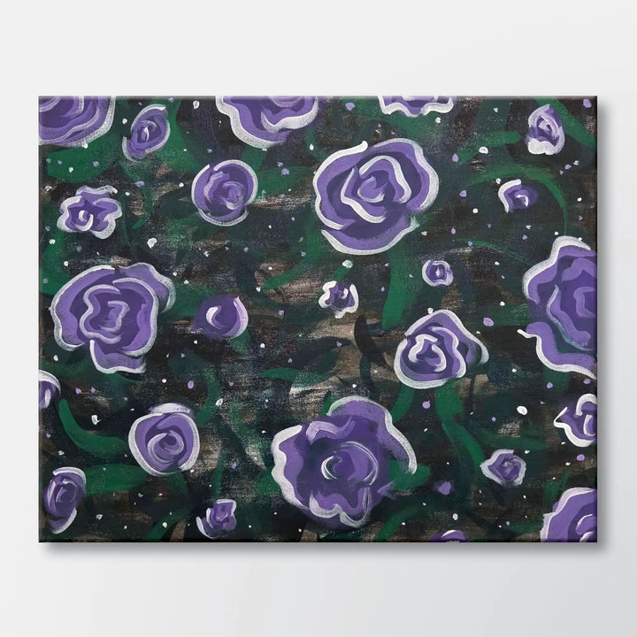 Dreamy Violet Roses painting kit featuring purple roses in a repeating pattern - beginner paint-at-home project with canvas, paints, and video tutorial.