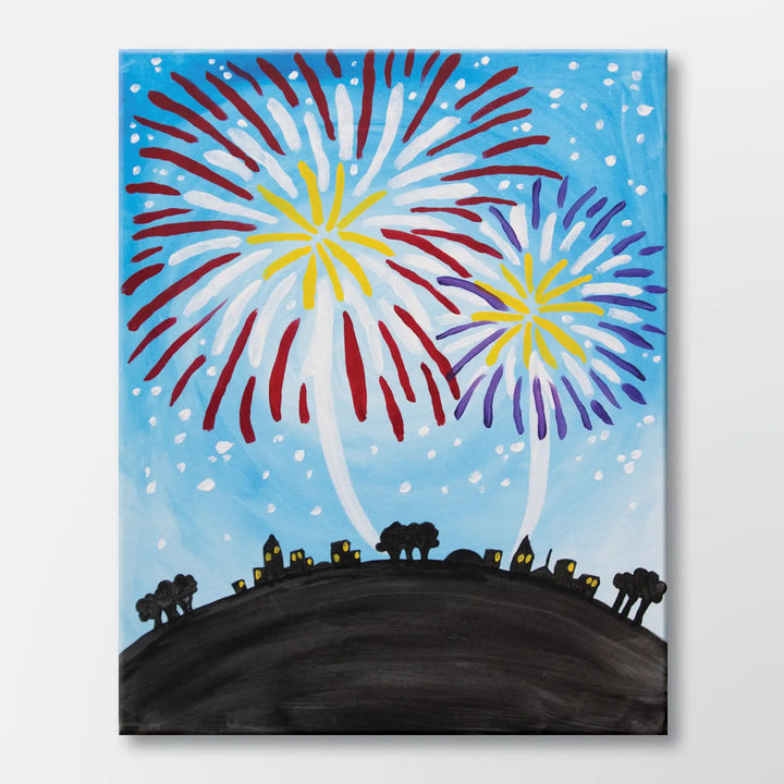 Fireworks Finale painting kit featuring two fireworks bursts over a hillside town - beginner paint-at-home project with canvas, paints, and video tutorial.