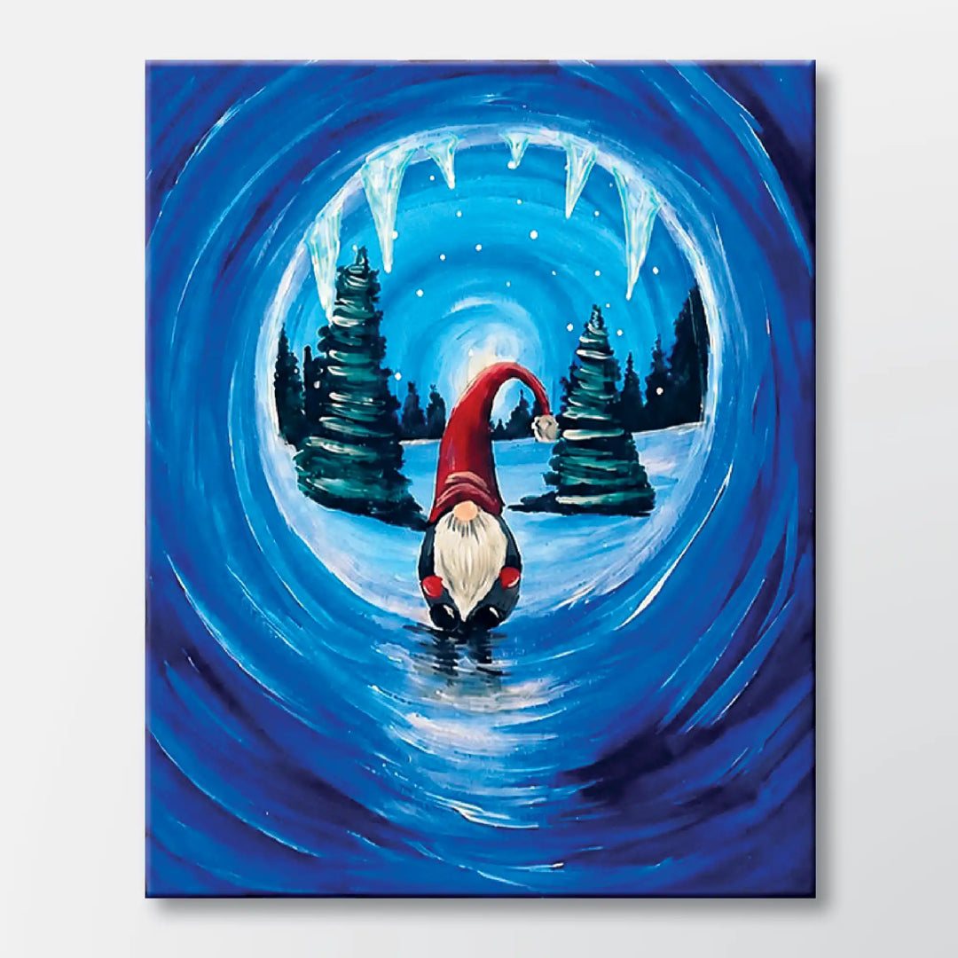 Gnome's Crystal Cave painting kit featuring a gnome entering a glowing ice tunnel - beginner paint-at-home project with canvas, paints, and video tutorial.