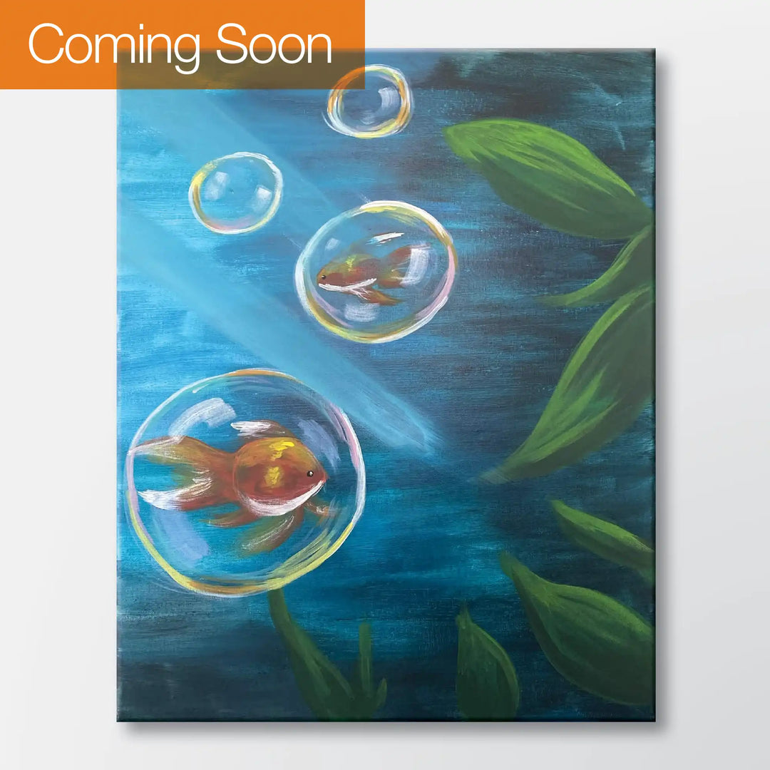 Goldfish Globes painting kit featuring goldfish suspended inside glowing bubbles - beginner paint-at-home project with canvas, paints, and video tutorial.