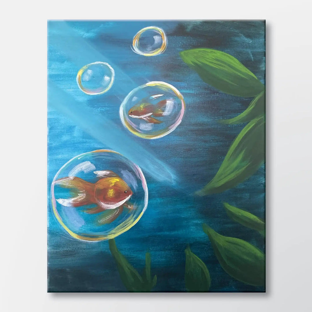 Goldfish Globes painting kit featuring goldfish suspended inside glowing bubbles - beginner paint-at-home project with canvas, paints, and video tutorial.