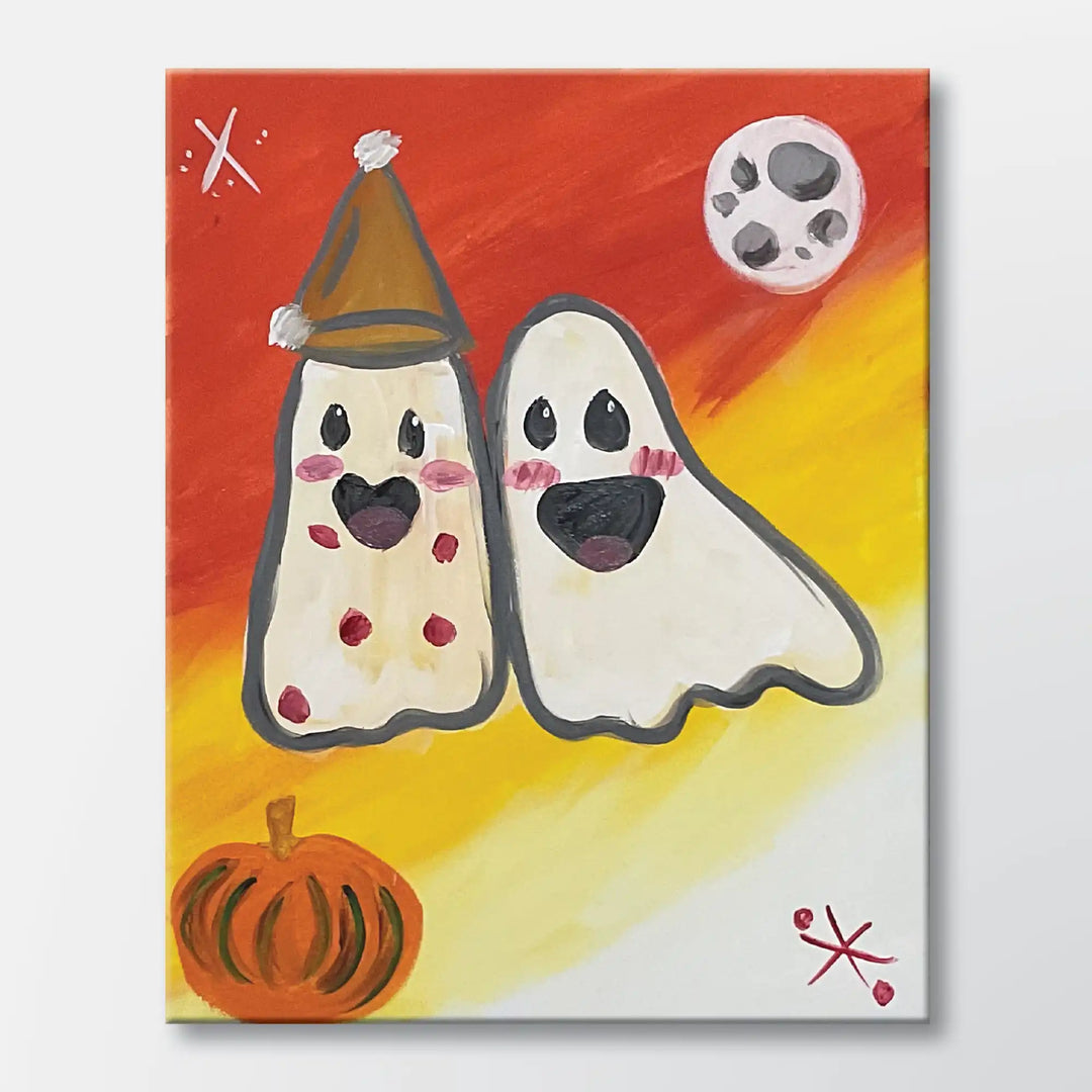 Grinning Ghosts painting kit featuring two ghosts beside a small pumpkin - beginner paint-at-home project with canvas, paints, and video tutorial.