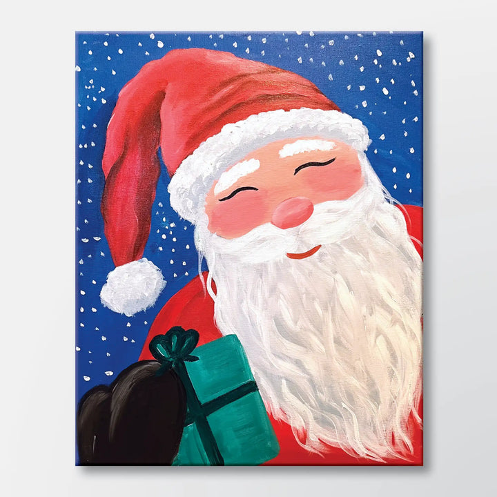 Jolly Santa painting kit featuring Santa Claus holding a wrapped Christmas gift - beginner paint-at-home project with canvas, paints, and video tutorial.