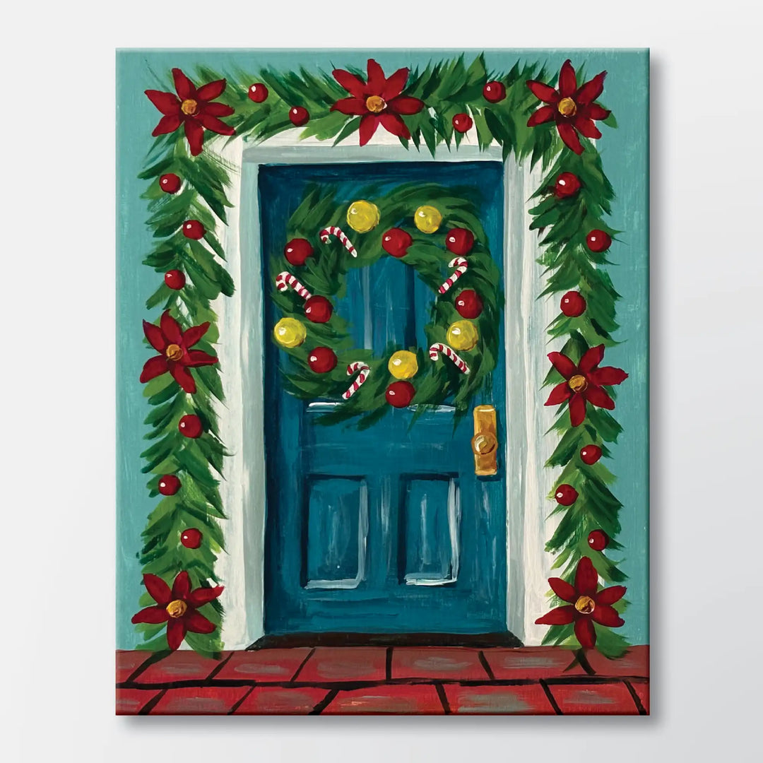 Merry Welcome painting kit featuring a garland-wrapped door and candy cane wreath - beginner paint-at-home project with canvas, paints, and video tutorial.