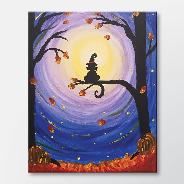 Moonlit Familiar painting kit featuring a black cat in a witch's hat - beginner paint-at-home project with canvas, paints, and video tutorial.