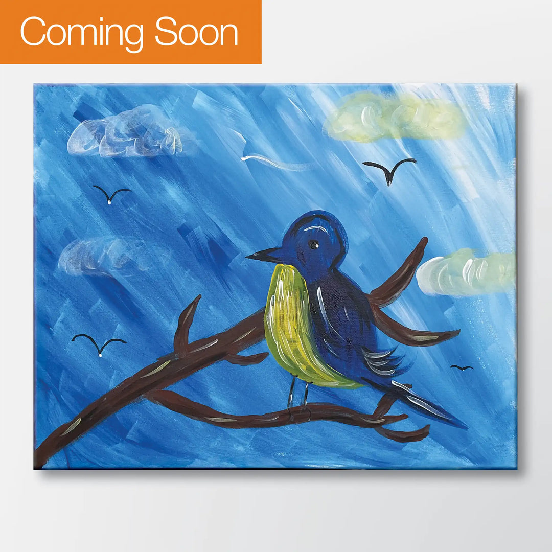 Perched and Present painting kit featuring a blue bird perched on a bare branch - beginner paint-at-home project with canvas, paints, and video tutorial.