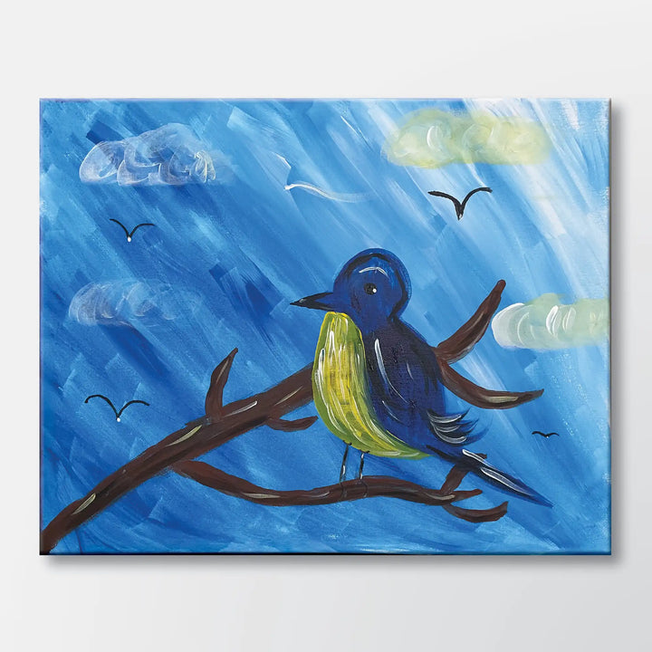 Perched and Present painting kit featuring a blue bird perched on a bare branch - beginner paint-at-home project with canvas, paints, and video tutorial.