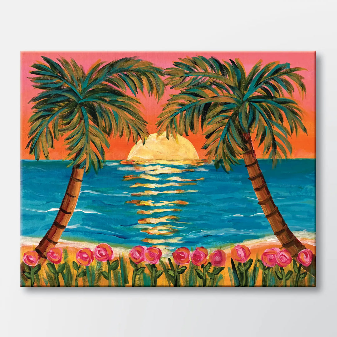 Pink Paradise painting kit featuring palm trees above a tropical beach - beginner paint-at-home project with canvas, paints, and video tutorial.