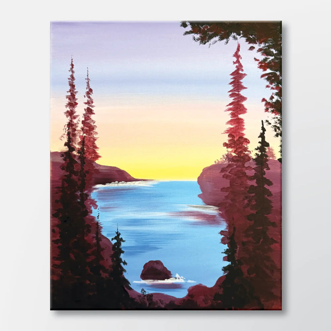 Quiet Overlook painting kit featuring elevated coastal cove and evergreens - beginner paint-at-home project with canvas, paints, and video tutorial.