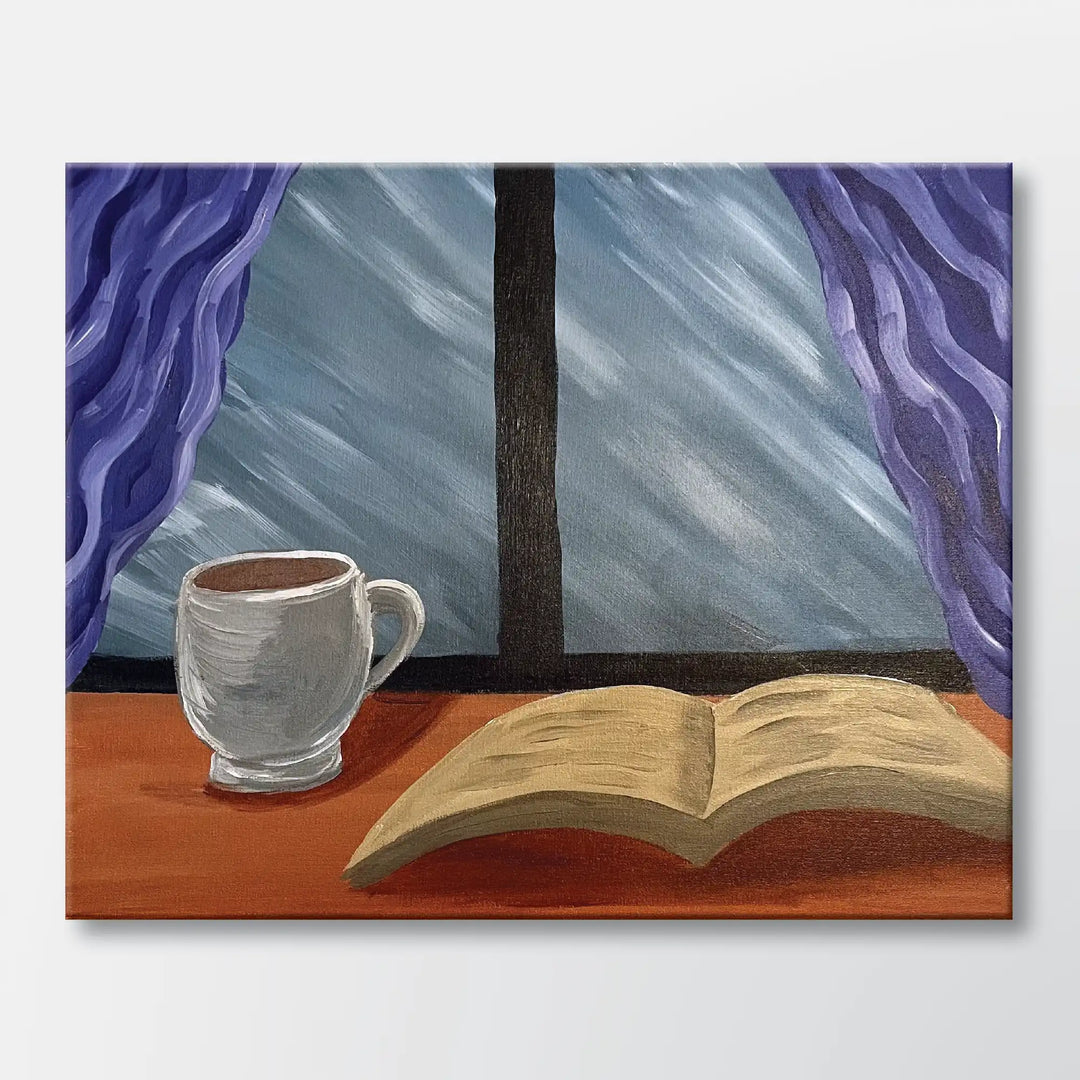 Reading Weather painting kit featuring open book beside rainy window and mug - beginner paint-at-home project with canvas, paints, and video tutorial.