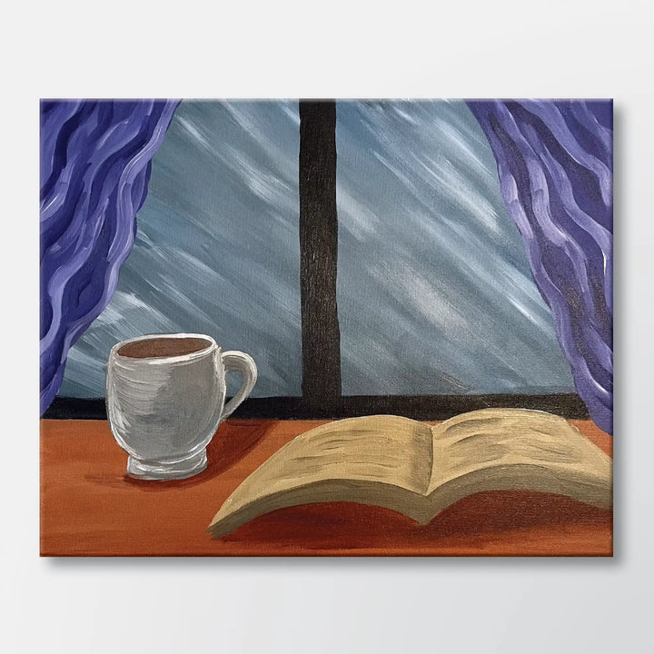 Reading Weather painting kit featuring open book beside rainy window and mug - beginner paint-at-home project with canvas, paints, and video tutorial.