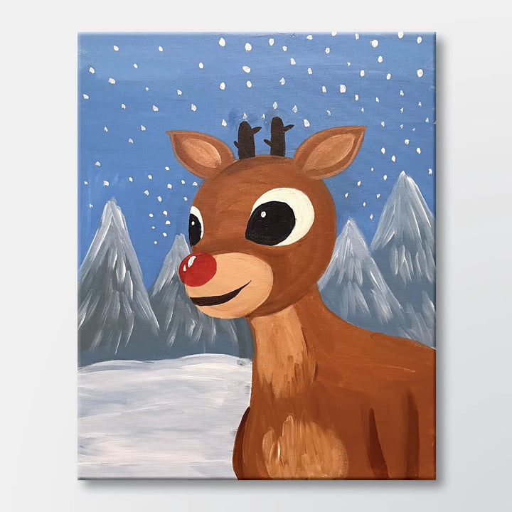 Reindeer's Glow painting kit featuring a reindeer with a bright red nose - beginner paint-at-home project with canvas, paints, and video tutorial.