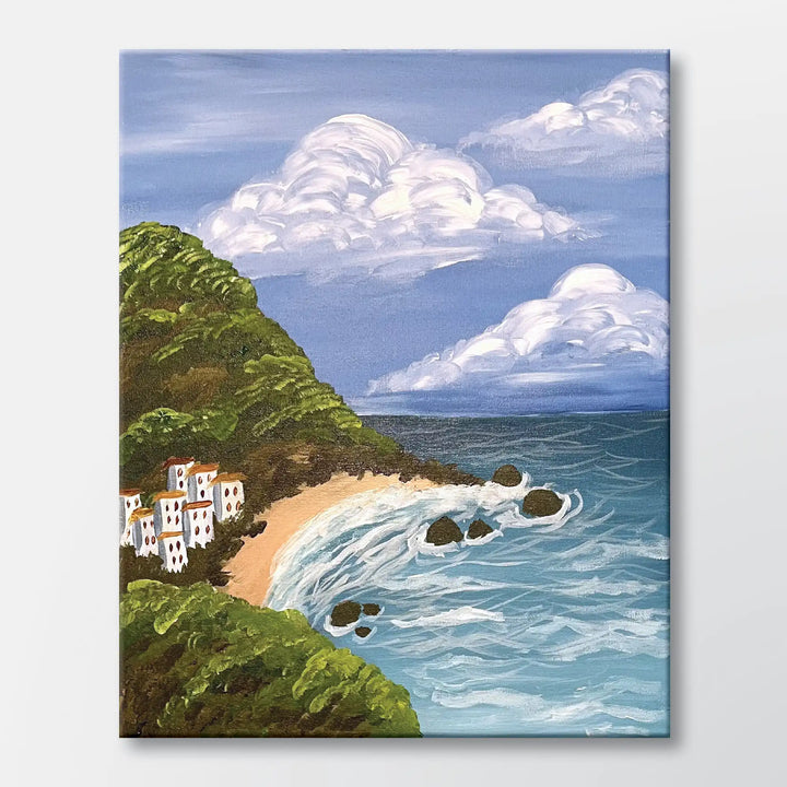 Riviera Hideaway painting kit featuring a coastal village overlooking a beach - beginner paint-at-home project with canvas, paints, and video tutorial.