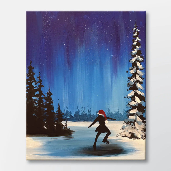Starlit Spin painting kit featuring an ice skater on a frozen lake - beginner paint-at-home project with canvas, paints, and video tutorial.
