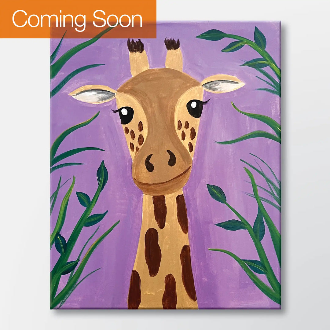 Tall and Curious painting kit featuring a giraffe peeking through tall grass - beginner paint-at-home project with canvas, paints, and video tutorial.