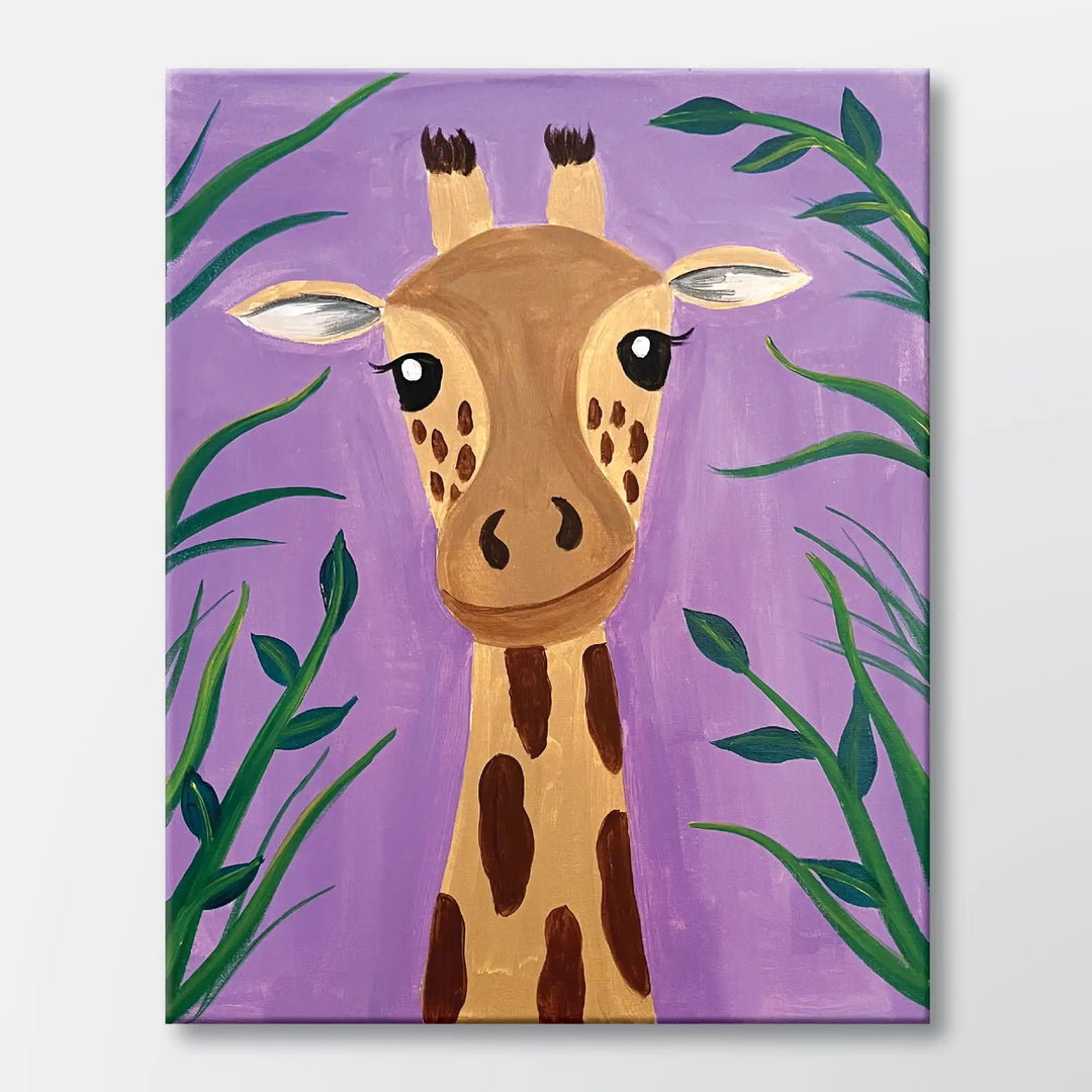 Tall and Curious painting kit featuring a giraffe peeking through tall grass - beginner paint-at-home project with canvas, paints, and video tutorial.