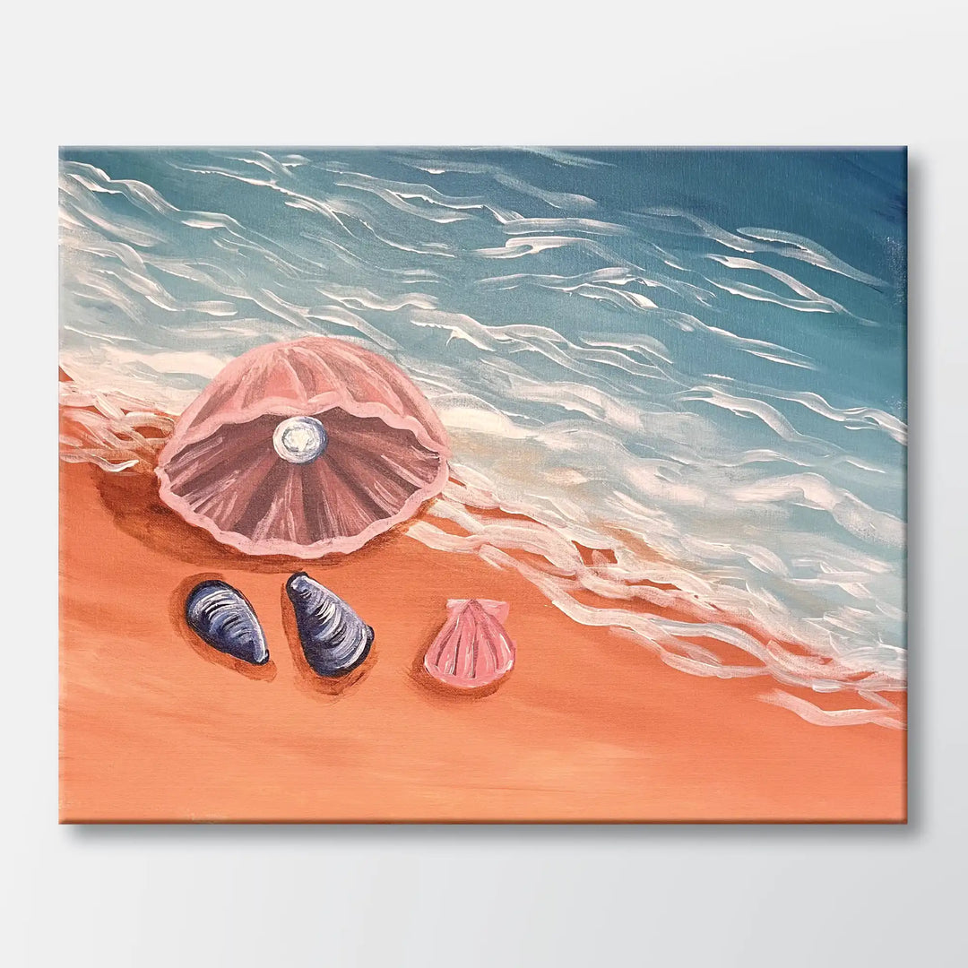 Tide's Treasure painting kit featuring seashells with a pearl by the ocean - beginner paint-at-home project with canvas, paints, and video tutorial.