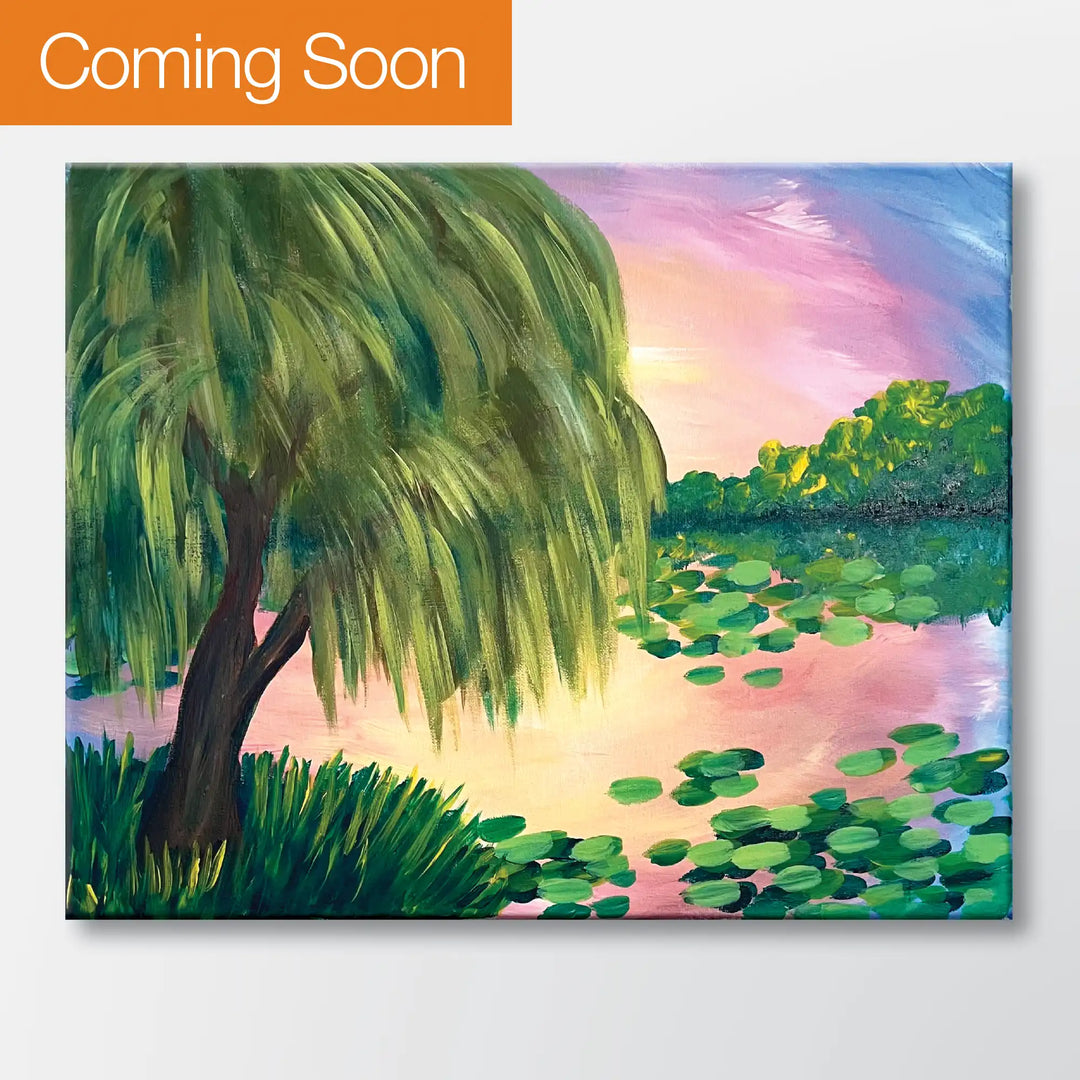 Willow Warmth painting kit featuring a weeping willow over a lily pond - beginner paint-at-home project with canvas, paints, and video tutorial.