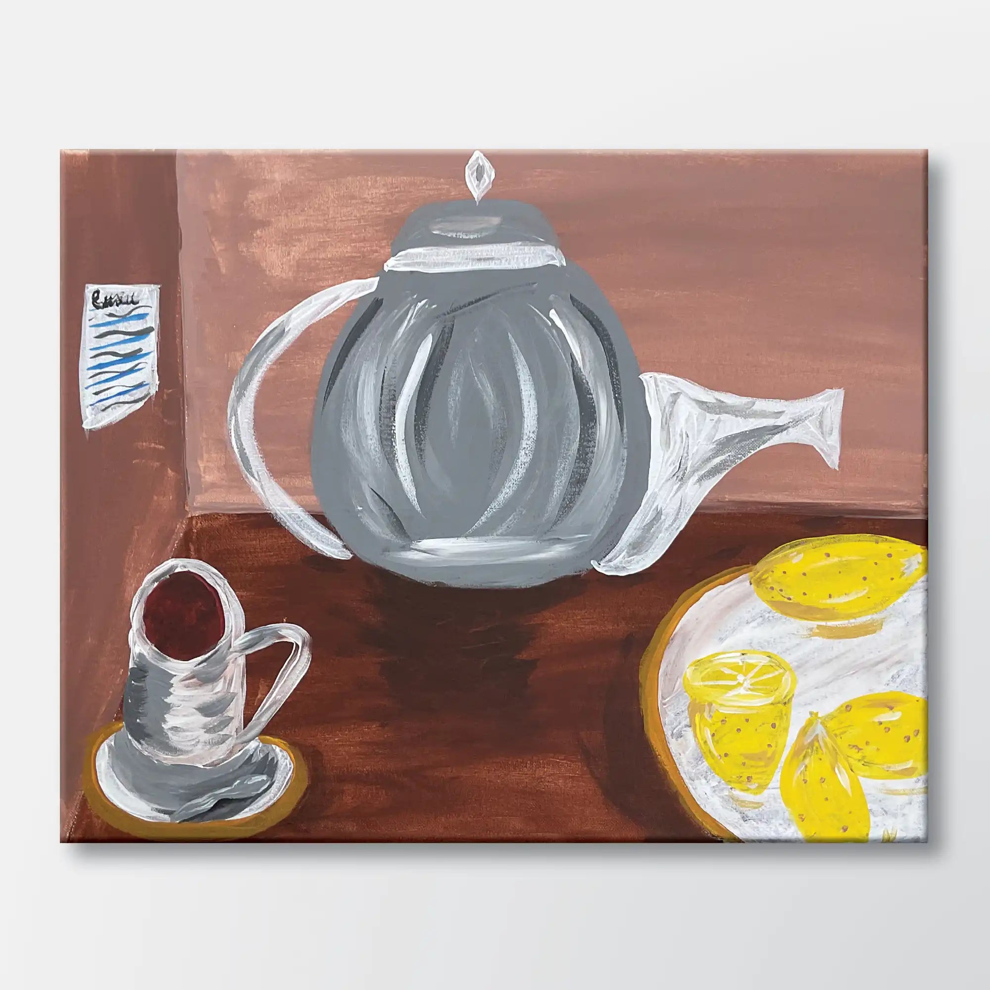 Afternoon Tea painting kit featuring a teapot, teacup, and lemon wedges - beginner paint-at-home project with canvas, paints, and video tutorial.