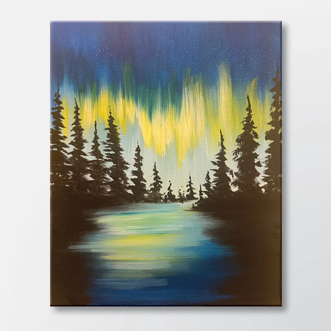 Aurora Glow painting kit featuring northern lights above a dark forest lake - beginner paint-at-home project with canvas, paints, and video tutorial.