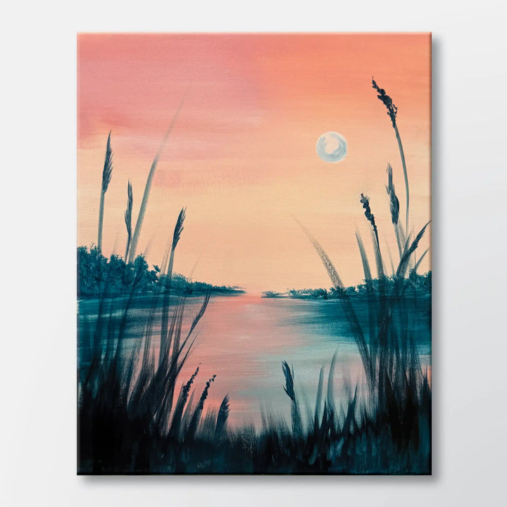 Cattail Cove painting kit featuring a marsh waterway at sunset with cattails - beginner paint-at-home project with canvas, paints, and video tutorial.