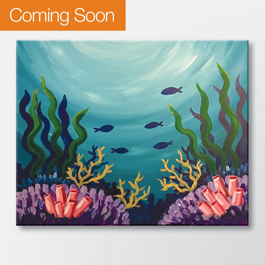 Coral Depths painting kit featuring an underwater coral reef with fish - beginner paint-at-home project with canvas, paints, and video tutorial.