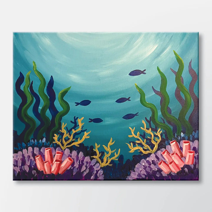 Coral Depths painting kit featuring an underwater coral reef with fish - beginner paint-at-home project with canvas, paints, and video tutorial.