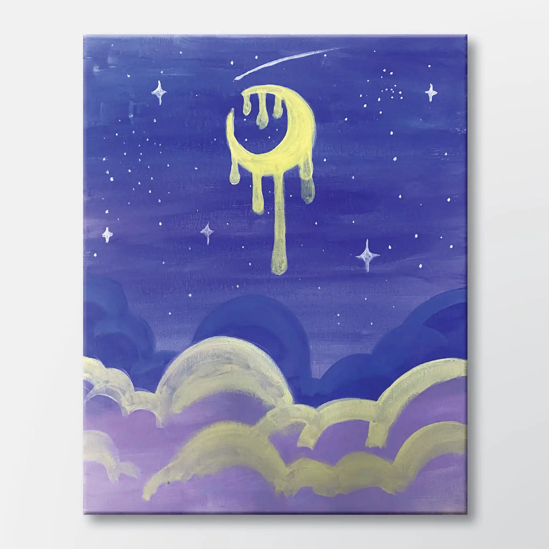 Dripping Moonlight painting kit featuring a golden dripping crescent moon - beginner paint-at-home project with canvas, paints, and video tutorial.