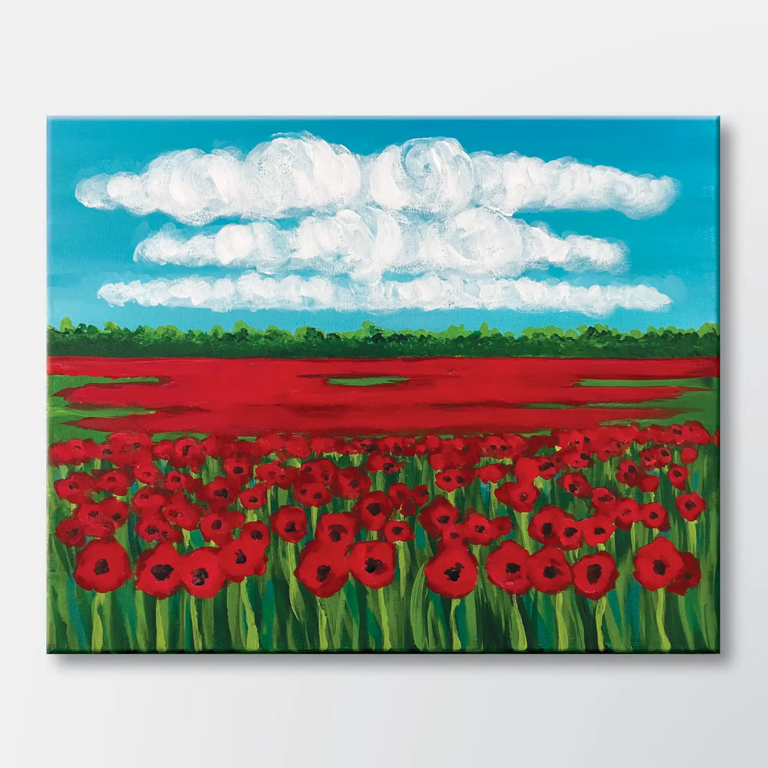 Field of Poppies painting kit featuring a red poppy field under a blue sky - beginner paint-at-home project with canvas, paints, and video tutorial.