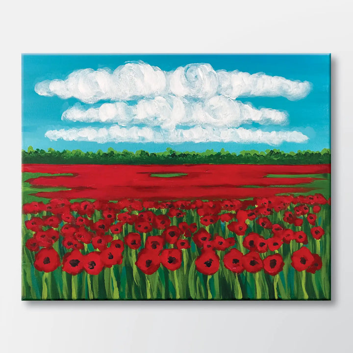 Field of Poppies painting kit featuring a red poppy field under a blue sky - beginner paint-at-home project with canvas, paints, and video tutorial.