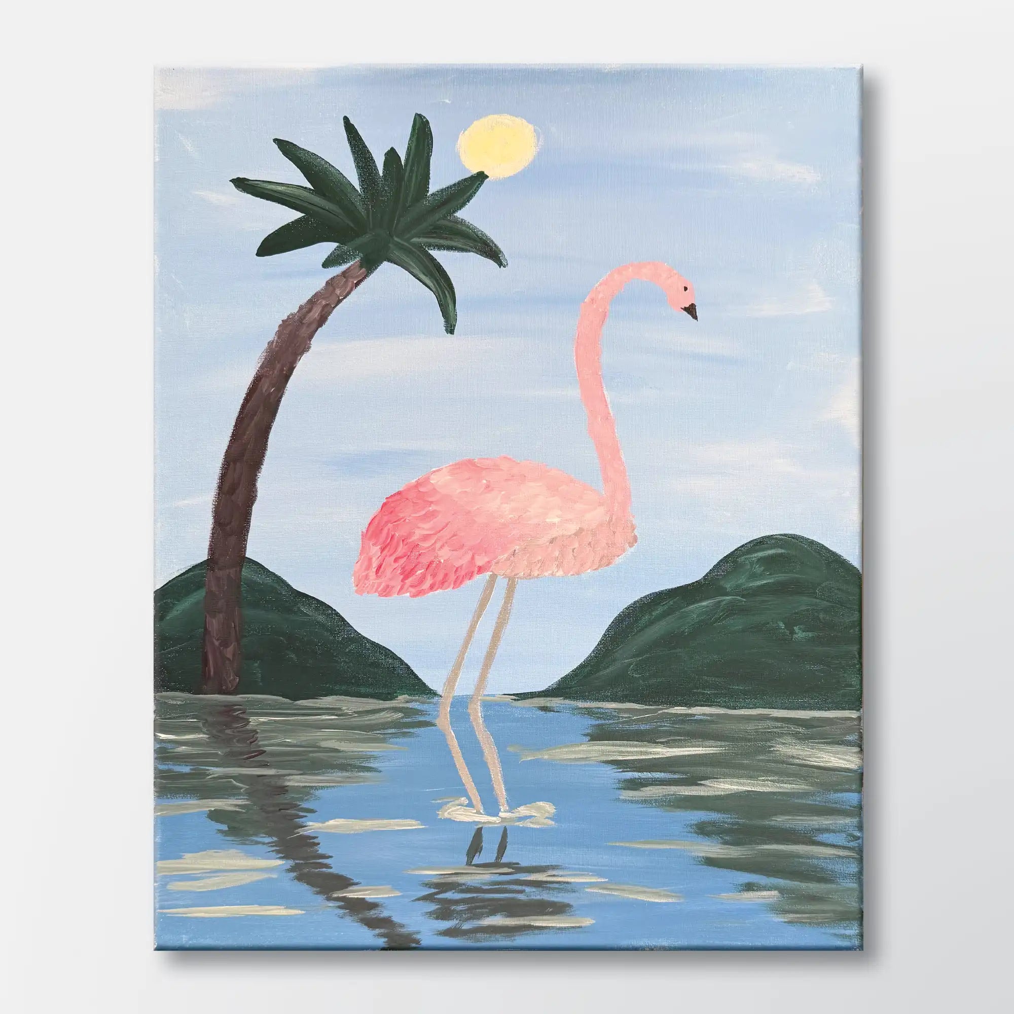 Flamingo Bay painting kit featuring a graceful flamingo in calm tropical water, with a palm tree and sunlit sky – beginner paint at home project with canvas, paints, and video tutorial.