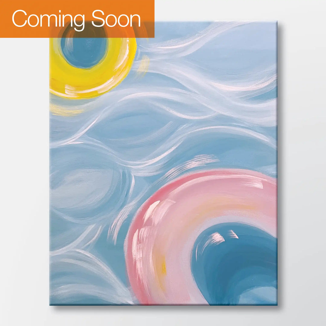 Floats on the Water painting kit featuring yellow and coral pool rings on water - beginner paint-at-home project with canvas, paints, and video tutorial.