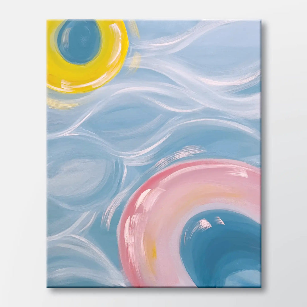 Floats on the Water painting kit featuring yellow and coral pool rings on water - beginner paint-at-home project with canvas, paints, and video tutorial.