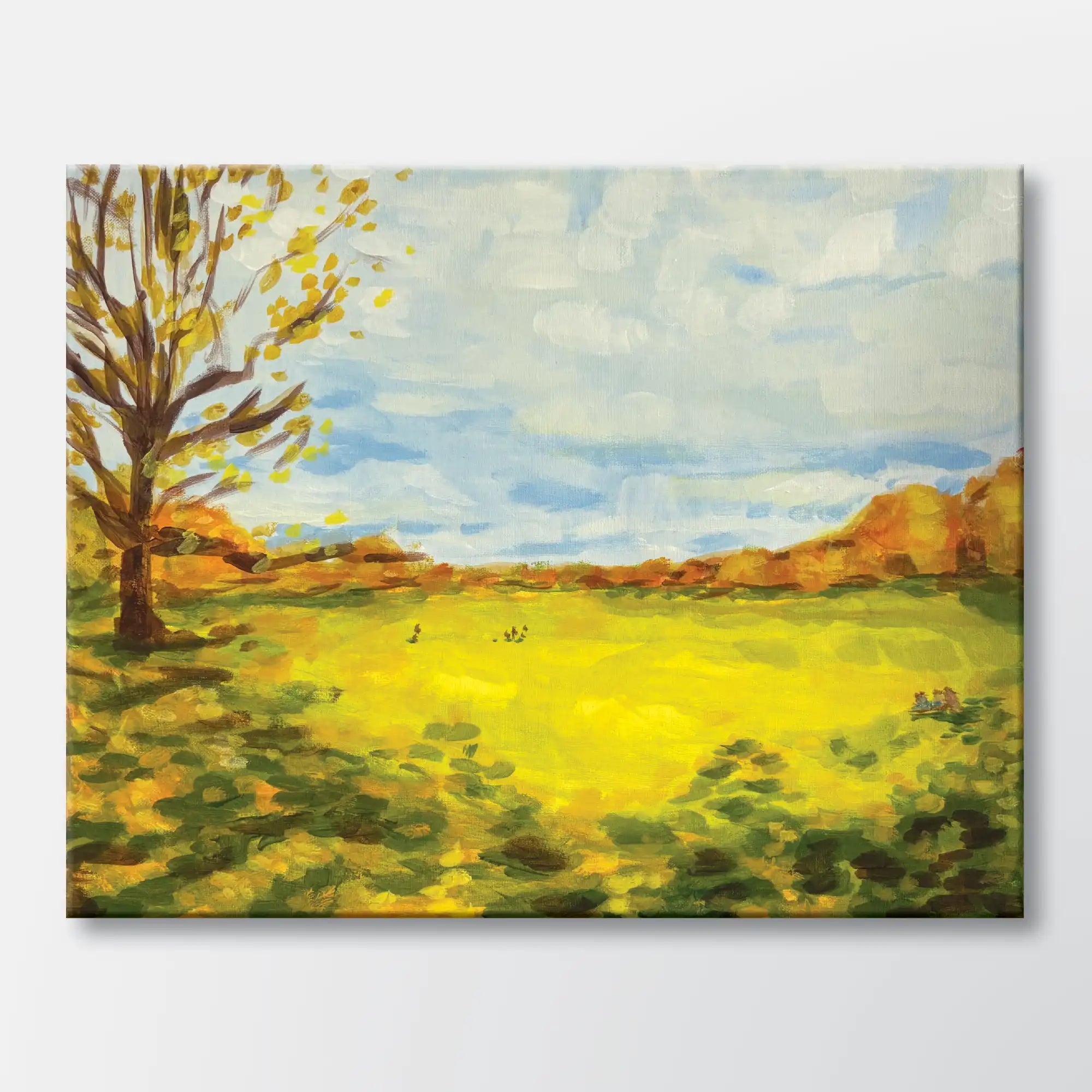 Golden Meadow painting kit featuring a warm fall landscape with tall grasses, soft shadows, and a wide open sky – beginner paint at home project with canvas, paints, and video.