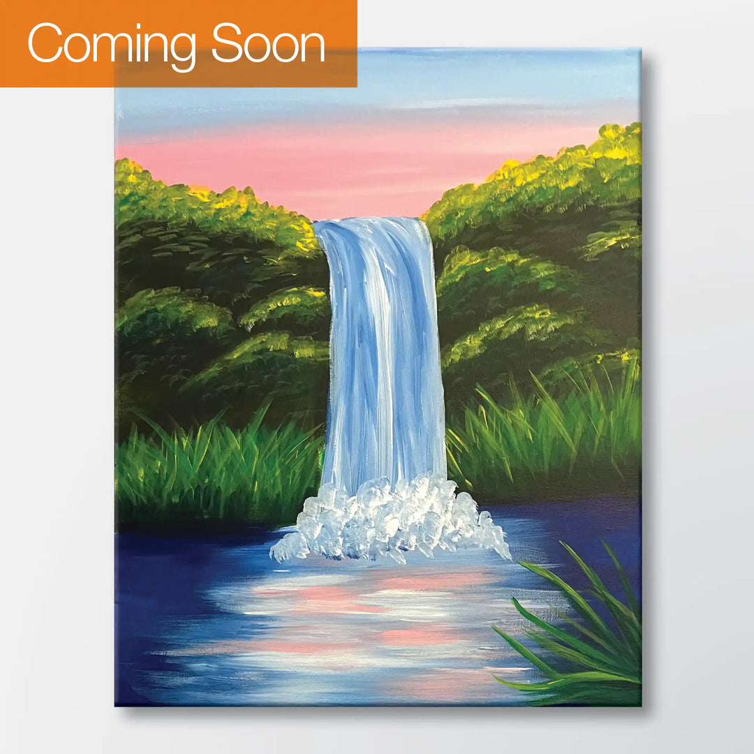Hidden Falls painting kit featuring a waterfall cascading into a foaming pool - beginner paint-at-home project with canvas, paints, and video tutorial.