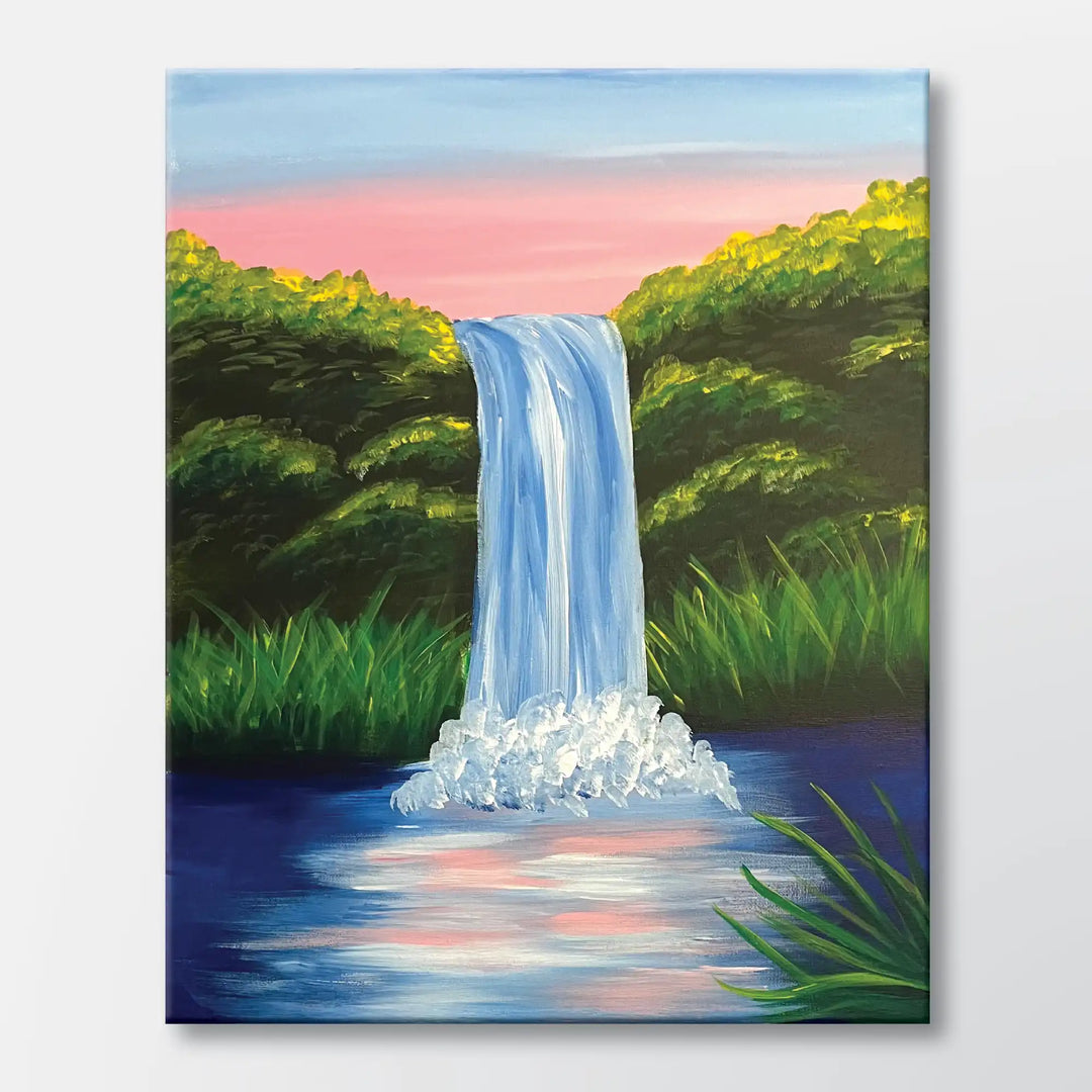 Hidden Falls painting kit featuring a waterfall cascading into a foaming pool - beginner paint-at-home project with canvas, paints, and video tutorial.