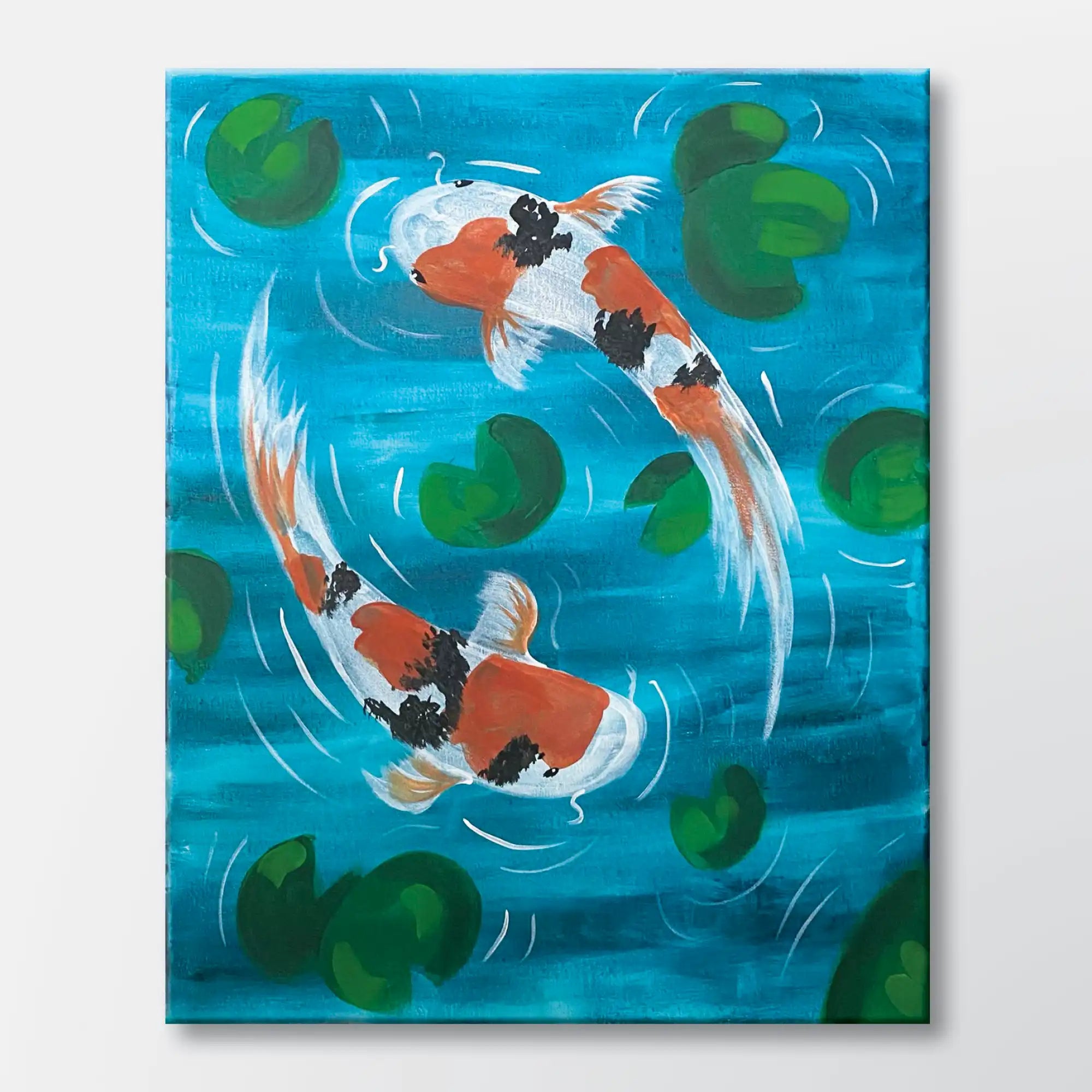 Koi Pond Harmony painting kit featuring two koi fish swimming in a circular pattern – beginner paint-at-home project with canvas, paints, and video tutorial.