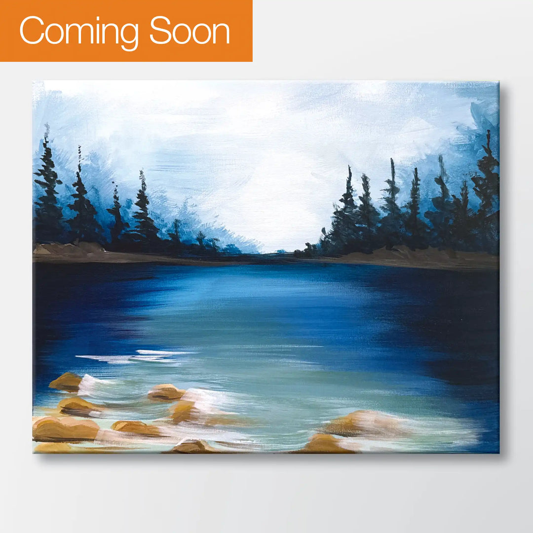 Misty Inlet painting kit featuring a foggy lake framed by pine trees - beginner paint-at-home project with canvas, paints, and video tutorial.