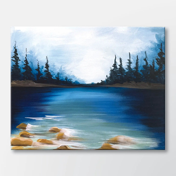 Misty Inlet painting kit featuring a foggy lake framed by pine trees - beginner paint-at-home project with canvas, paints, and video tutorial.