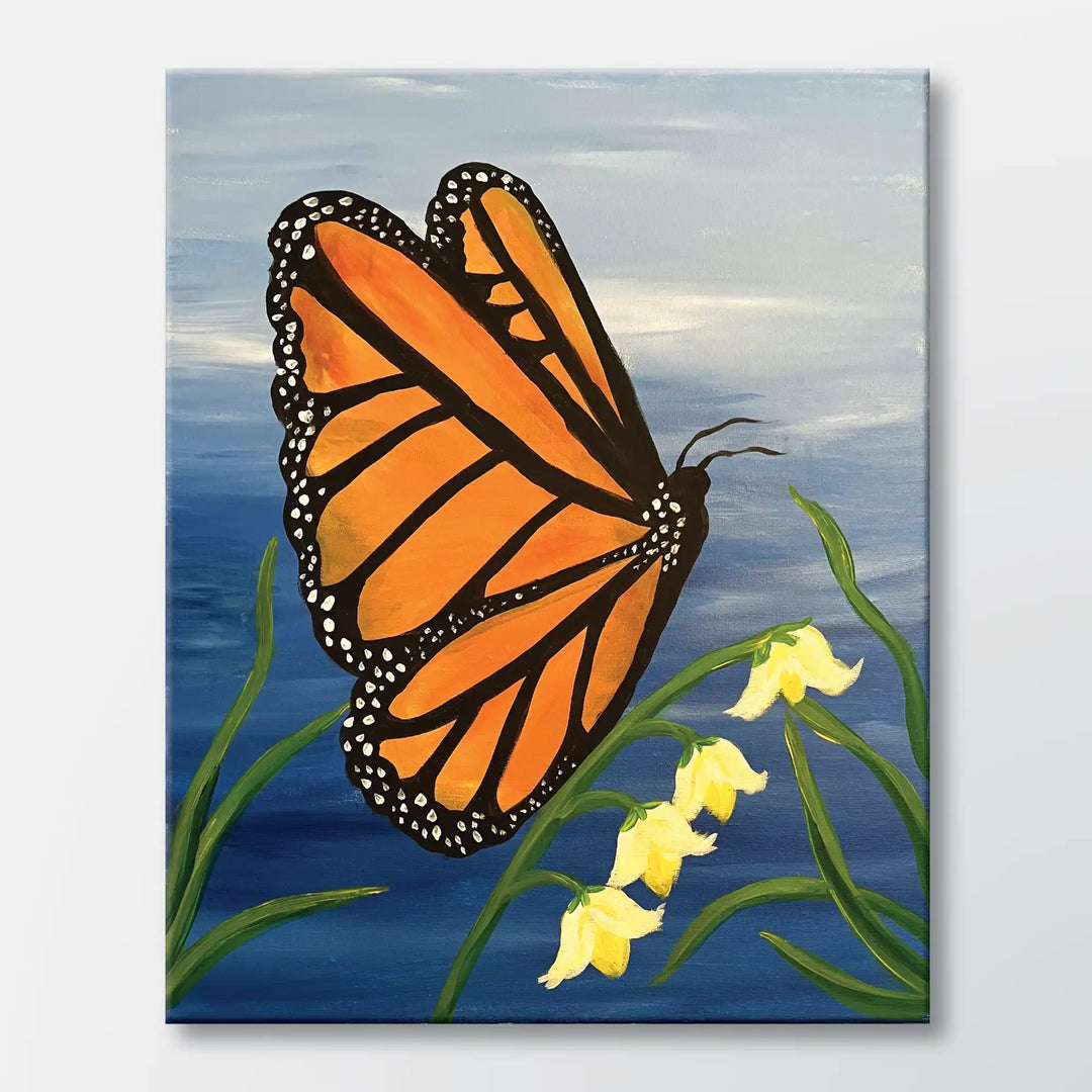 Monarch Takes Flight painting kit featuring a monarch butterfly with open wings - beginner paint-at-home project with canvas, paints, and video tutorial.