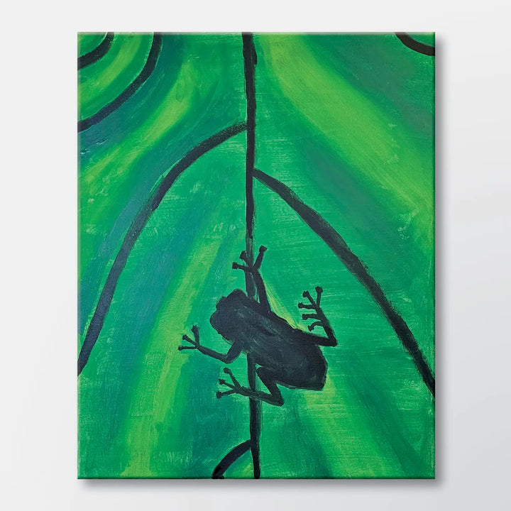 Peaceful Tree Frog painting kit featuring a tree frog silhouette on a glowing green leaf - beginner paint-at-home project with canvas, paints, and video tutorial.