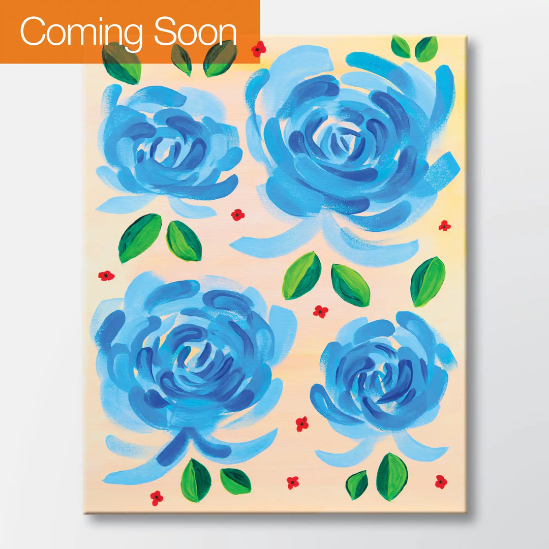 Roses in Blue painting kit featuring four blue roses with red accent flowers - beginner paint-at-home project with canvas, paints, and video tutorial.
