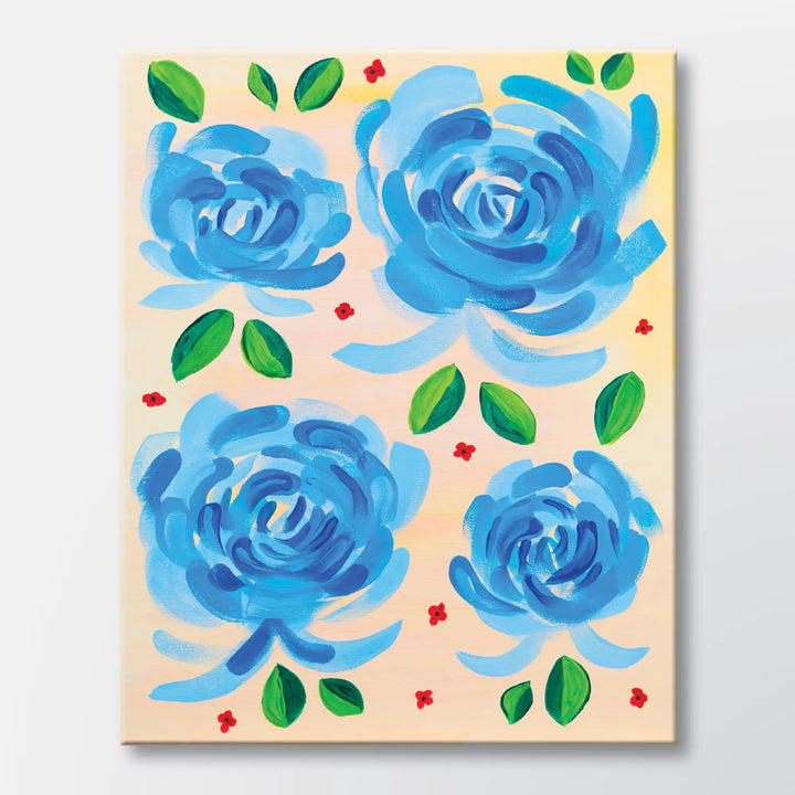 Roses in Blue painting kit featuring four blue roses with red accent flowers - beginner paint-at-home project with canvas, paints, and video tutorial.